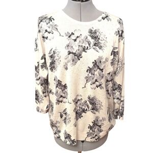 C.D. Daniels Floral Print Sweater 1X Cream Gray Rhinestone‎ Embellished